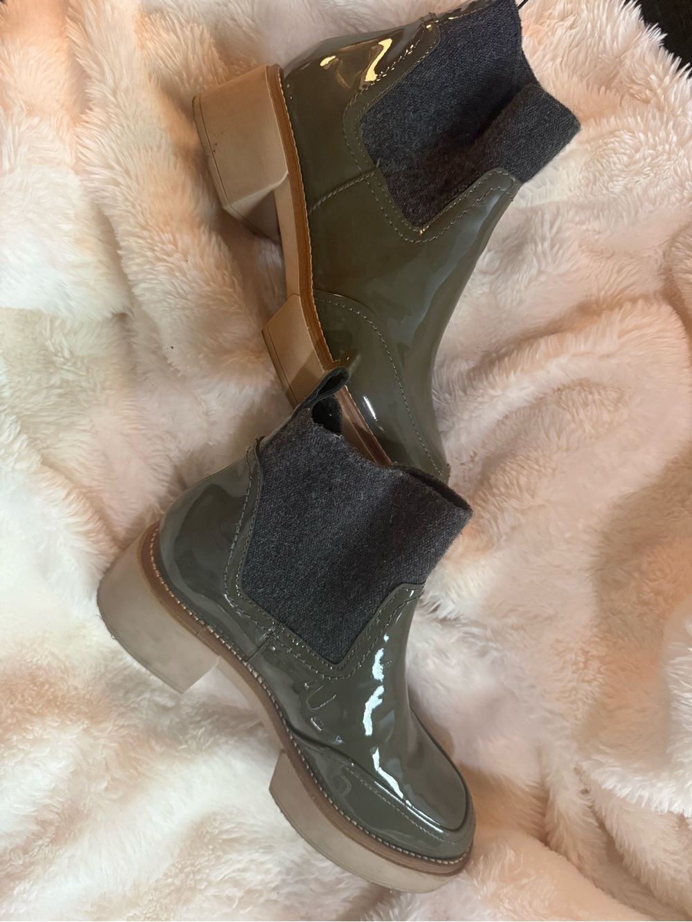 Dolce Vita Olive Green Patent Chelsea Rain/ winter Boots with Dark Knit Collar